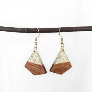 Handmade Walnut & Clear Resin Hook Earrings Fan Shaped Hypo-Allergenic Gold Tone